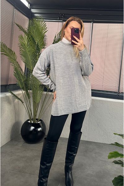 MİR STORE Gray Half-Thigh Ribbed Oversize Sweater