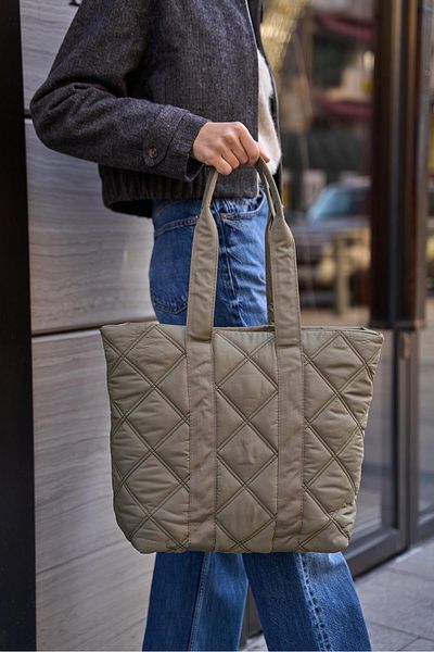Madamra Khaki Women's Quilted Pattern Puff Bag