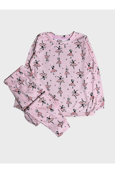 elmas kids Girl's 100% Cotton Pink Ballerina Print Long Sleeve Pajamas Set