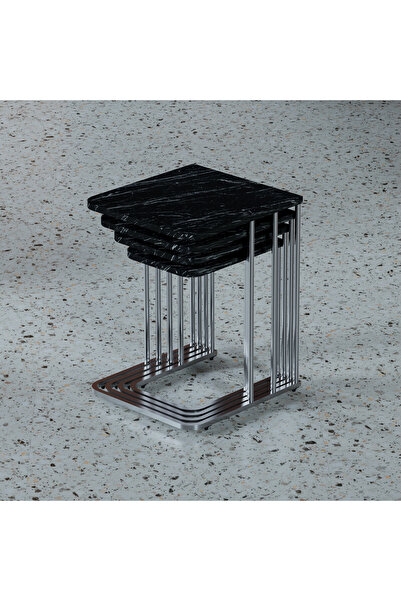 Ceylin 4-Piece Zigon Coffee Table Mdf Silver Foot with Wheels Black Marble