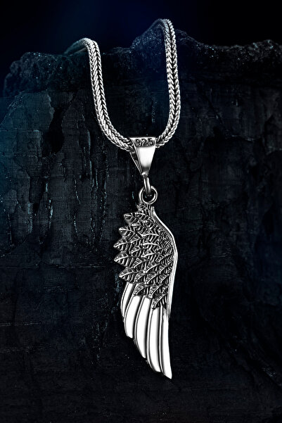 OSMANLI GÜMÜŞ Erkek Gümüş Kolye - Tek Kanat Motifli Tilki Kuyruğu Zincir Erke...