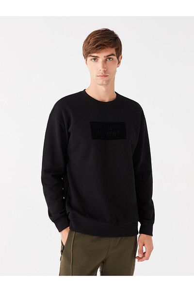 LC Waikiki Black Crew Neck Long Sleeve Printed Men's Thick Sweatshirt
