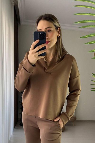 Kubos Moda Polo Neck Hooded Oversize Dark Brown Scuba Sweatshirt