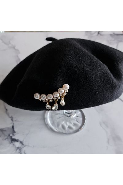 SE Jewellery Black Women's Pearl Embellished Brooch Detailed Painter Beret Hat