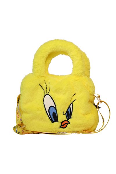 WİGGLE Wiggle Tweety Soft Plush Furry Single Compartment Zippered Small Shoulder Strap Children's Handbag