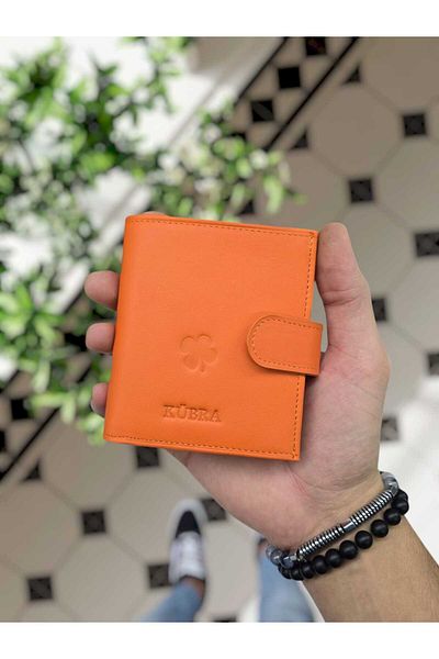 VİSSO Unisex Orange Color Genuine Leather Wallet Purse - 112 Orange Clover Logo