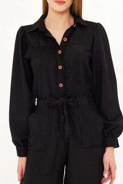 armonika Women's Black Front Button Pocket Belted Velvet Jumpsuit Arm-25K 001084