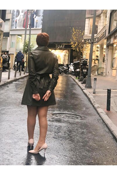 wisteriA Gömlek yaka uzun kol deri elbise