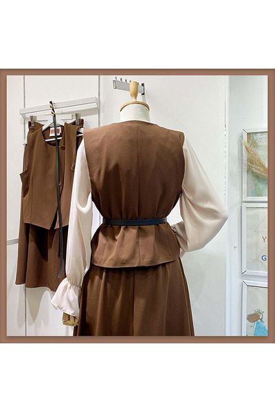 Faya Boutique Bitter Coffee Suit with Belt Detail Asymmetrical Cut Vest
