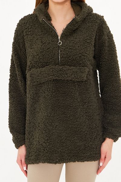 armonika Hanorac cu glugă din pluș kaki pentru femei - cu husă de buzunar, ARM-25K 001090