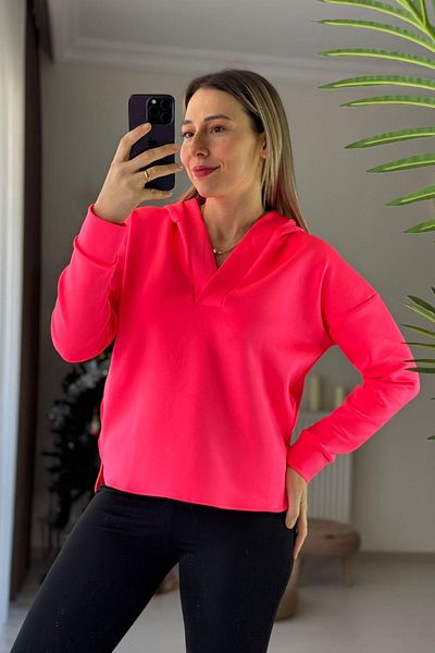 Kubos Moda Polo Neck Hooded Oversize Neon Pink Scuba Sweatshirt