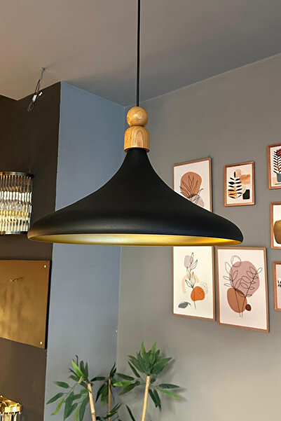 Bamyum 45 Cm Çap Champion XL Siyah Kalın Ahşap Boncuk Avize Tekli Sarkıt Lamb...