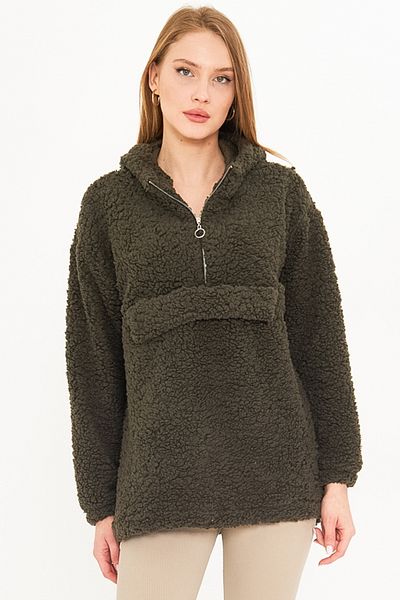 armonika Hanorac cu glugă din pluș kaki pentru femei - cu husă de buzunar, ARM-25K 001090