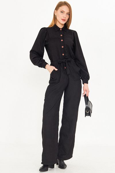 armonika Women's Black Front Button Pocket Belted Velvet Jumpsuit Arm-25K 001084