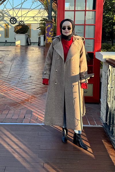 Mevra Uzun Apolet Detaylı Kaşe Kaban Kahve