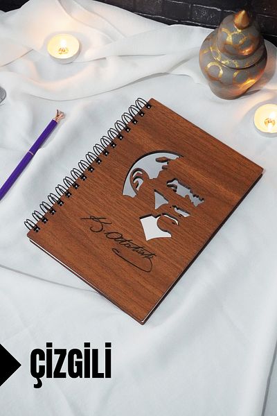 markcat Caiet cu copertă din lemn cu dungi tematice Kemal Atatürk - pentru agendă și școală (A5 - 120 coli)