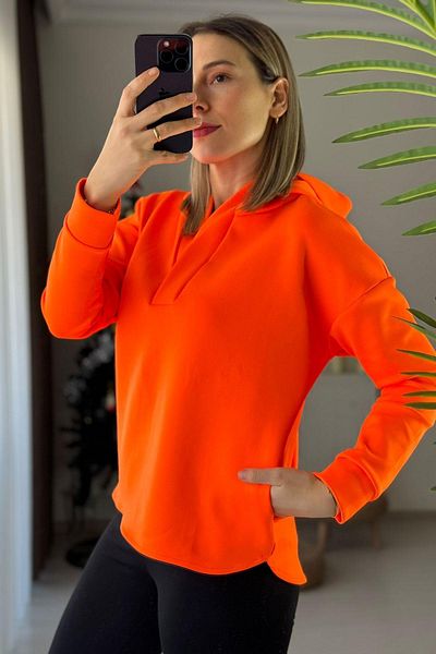 Kubos Moda Polo Neck Hooded Oversize Orange Scuba Sweatshirt