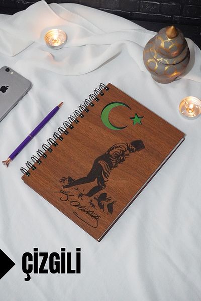 markcat Σημειωματάριο Kemal Ataturk με θέμα ριγέ με ξύλινο κάλυμμα - για Ajanda και School (A5 - 120 Φύλλα)