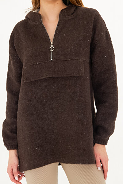 armonika Дамски кашмирен суитшърт с качулка и джобове, цвят кафе, ARM-25K001097