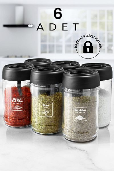 Kitchen Life 6 Pieces Glass Spice Rack Set with Lid and Spoon - 300 ml