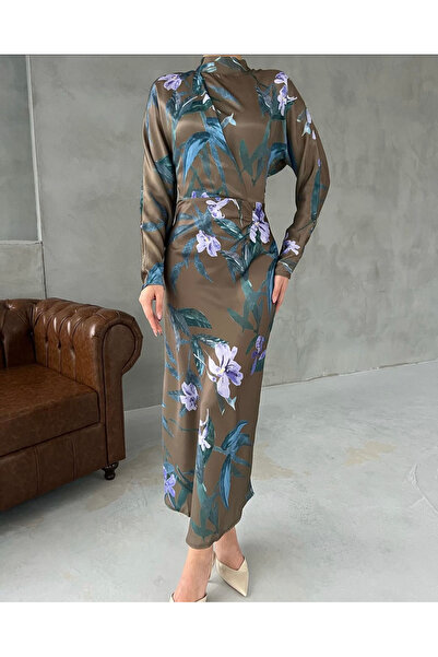 Afiş Butik Σατέν Φόρεμα Χακί Λιλά Λουλούδι