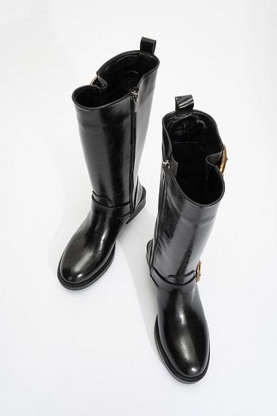 LuviShoes Γυναικείες μπότες GRAND Black Skin Gold Buckle