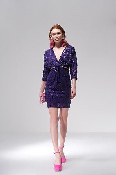 EXPLOSION Payet Gold Zincir Kemerli Mini Abiye Elbise