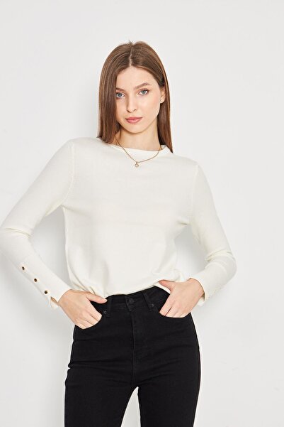 Irmak Kerekli Kadın Ekru Bisiklet Yaka Kolu Çıtçıtlı Triko Kazak 1060