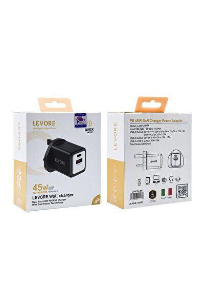 Levore شاحن حائط فائق السرعة مع منفذ GaN USB-C ومنفذ USB بقوة 45 وات - أسود