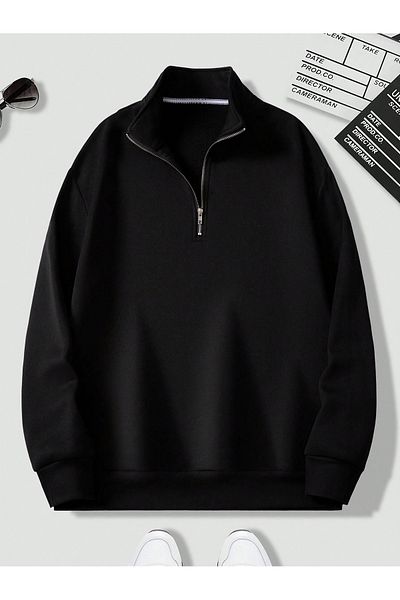 tetramoda Hanorac unisex Relax Fit, cu croială relaxată, din bumbac, cu jumătate de fermoar, cu guler vertical