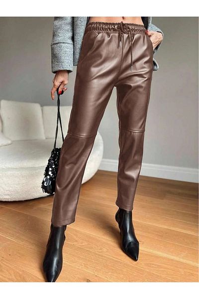 Pulli Collection Δερμάτινο καρότο παντελόνι με ελαστική μέση