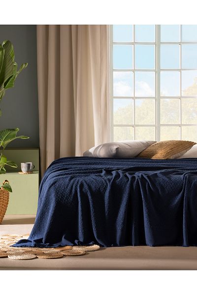 Madame Coco Aceline Single 100% Cotton Bedspread - Navy Blue