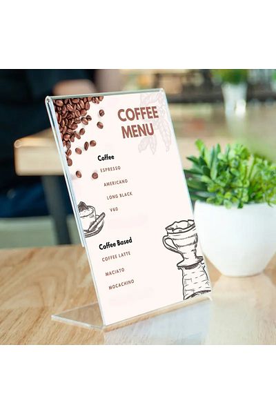 Pleksi Marketi Menu and Poster Holder Set of 8 Clear Acrylic L-Shaped Stands |   Restaurant, Office, Store and Wedding