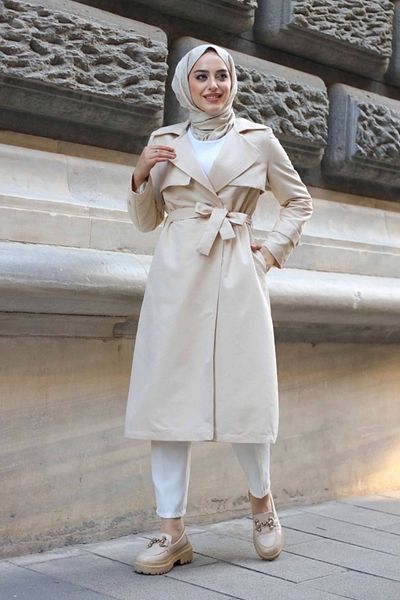 ALNİSS COLLECTİON Lined Hijab Trench Coat with Covered Buttons