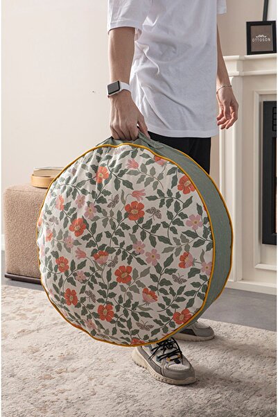 BUGİ HOME COLLECTİON Dekoratif Çok Amaçlı Yer Minderi İç Dolgulu, Puf Yastık, Çiçek Desenli