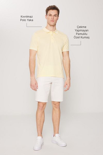 AC&Co / Altınyıldız Classics Nicht schrumpfendes Herren-T-Shirt aus Baumwollstoff mit schmaler Passform und schmaler Passform in Gelb und Weiß mit Rollkragen und Rollkragen