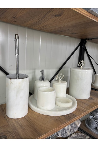 ERŞATIRTAŞ White 7-Piece Modern Bathroom Set with Natural Stone Silver Access...