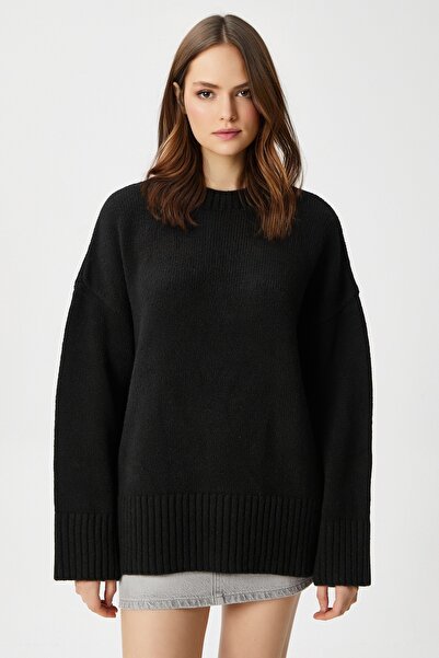 Ritnice Women's Homy Soft Crew Neck Black Oversize Knitwear Sweater