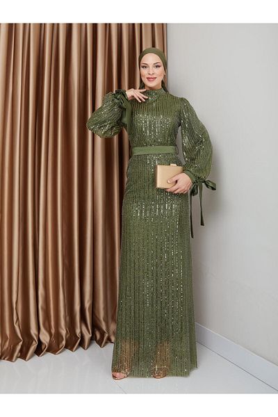 Olcay GRÜNE Pailletten-Hijab-Abendkleider mit Schleifendetail und Ärmel 1222