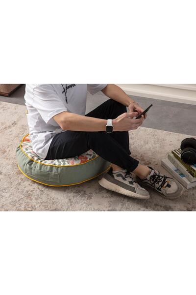 BUGİ HOME COLLECTİON Dekoratif Çok Amaçlı Yer Minderi İç Dolgulu, Puf Yastık, Çiçek Desenli