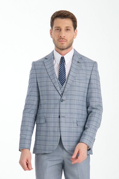 Frappoli Plaid Print Slim Fit Men's Mono Neck Double Slit Lined Suit Dress
