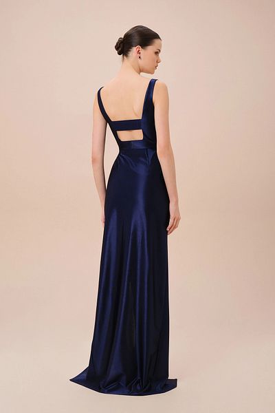 Oleg Cassini Navy Blue Straps Satin Fabric Long Evening Dress 4Xlf20786