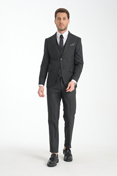 Frappoli Slim Fit Antrasit Düz Mono Yaka Çift Yırtmaçlı Astarlı Takim Elbise