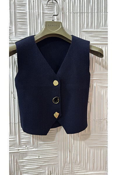 VıoShıne Kadın Metal Düğme Kapama Detaylı V Yakalı Triko Yelek