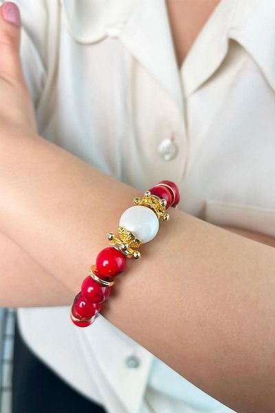 Sose Moda Red Natural Stone Coral and Pearl Bracelet
