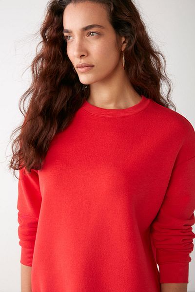 GRIMELANGE Susana Women's Crew Neck Fleece Inside Oversize Fit Basic Red Sweatshirt