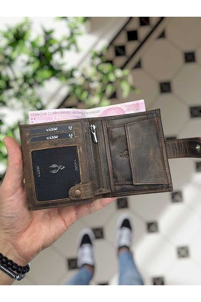 VİSSO 112 Мъжка и дамска кожена чанта портфейл от естествена кожа с джоб за монети и външна ключалка