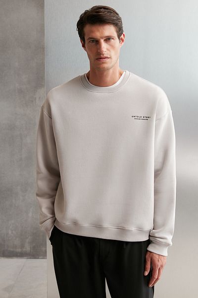 GRIMELANGE Ανδρικό φούτερ Bryan Grey Oversize - Μαλακό ύφασμα, στρογγυλή λαιμόκοψη, στάμπα με 3 κλωστές