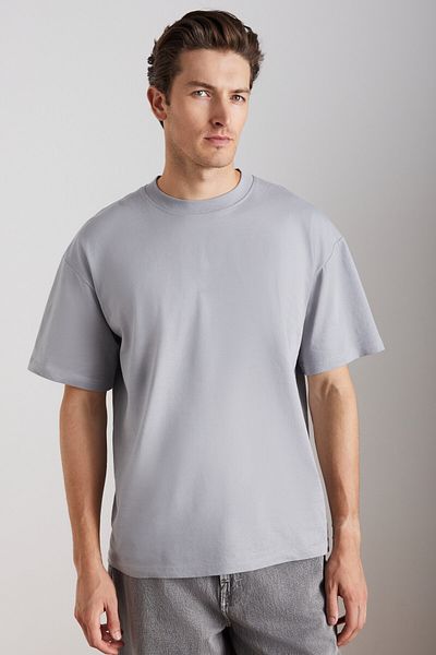 GRIMELANGE Ανδρικό Jett - Γκρι μπλουζάκι Oversize, 100% οργανικό βαμβάκι, χοντρή υφή, λαιμόκοψη