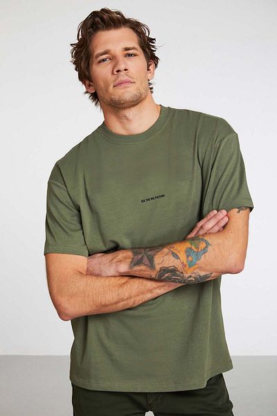GRIMELANGE River Men's - Embroidery Detailed Oversize Khaki T-Shirt 100% Organic Cotton